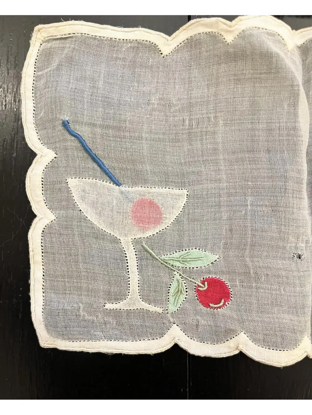 Madeira Cocktail Napkins Set of 3 Embroidered Martini Glass Cherries Vintage 8x5